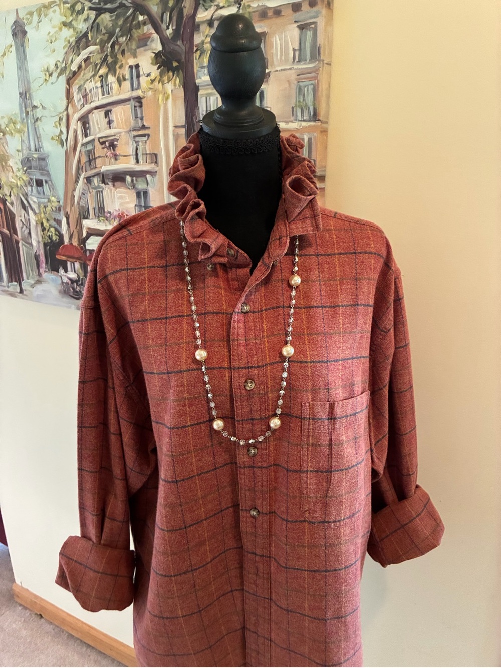 Eddie Bauer Rust Plaid Ruffle-Collar Button-Front Shirt - Picture 2 of 5